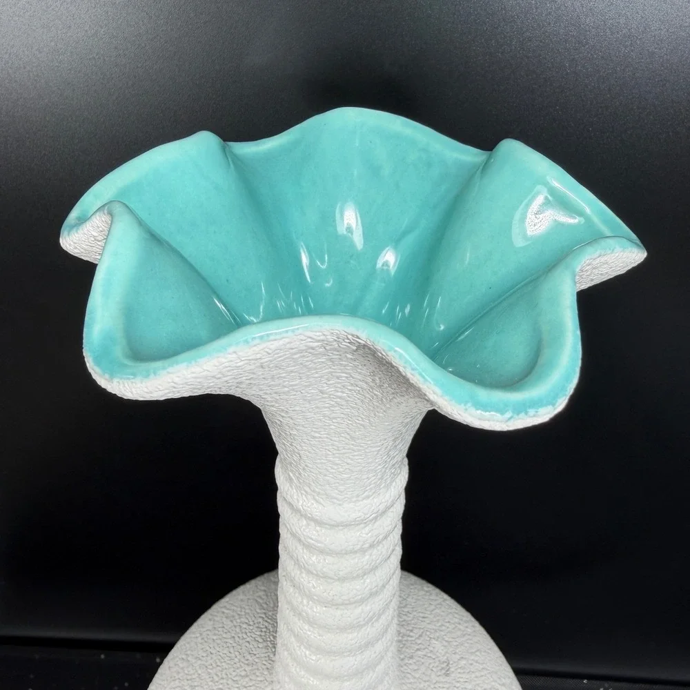 Haeger Pottery USA Textured White Turquoise Ruffled Ribbed Pottery Vase 12inch